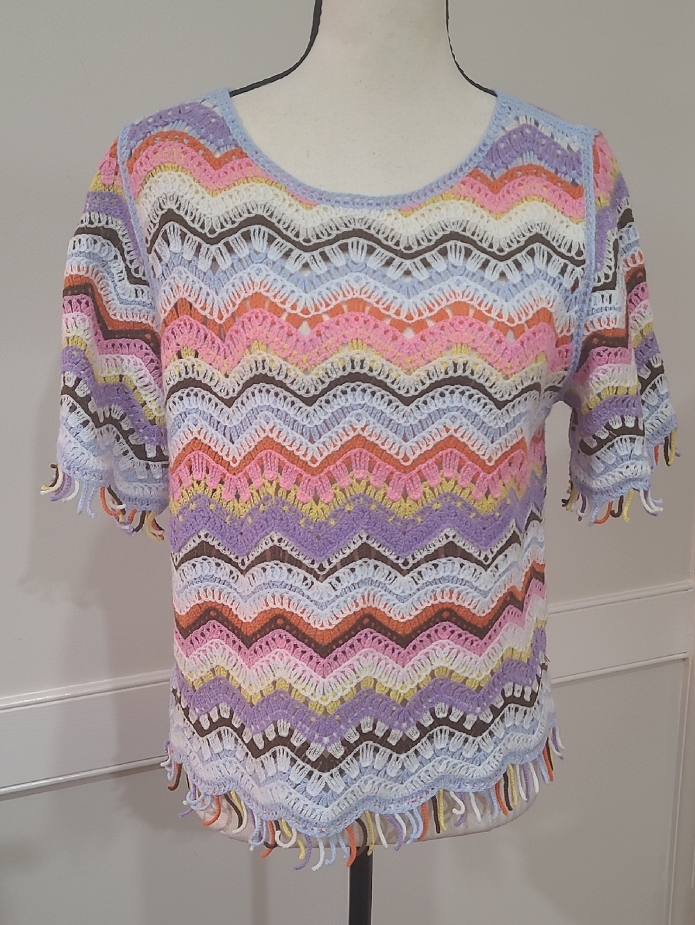 Rain Multi-Colored Crochet Zigzag Top Bohemian-Inspired - Sizes L-XL